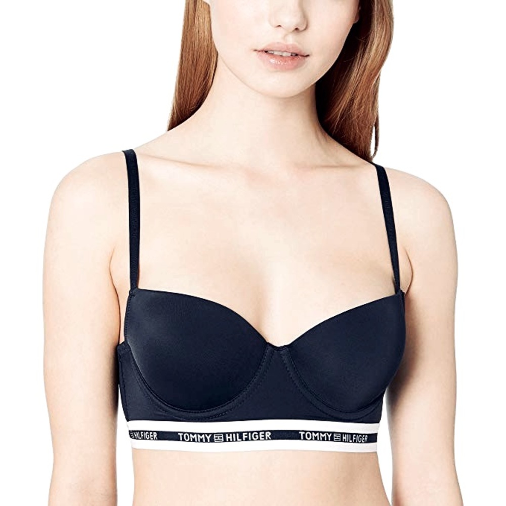 NWOT Tommy Hilfiger Black Push Up Micro Demi Midline Bra White Striped Logo 36C